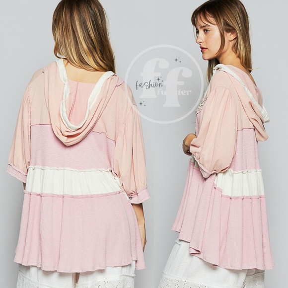 POL Pink White Strawberry Milk Pearl and Stud Embellished Color Block Hoodie Top - Picture 4 of 5